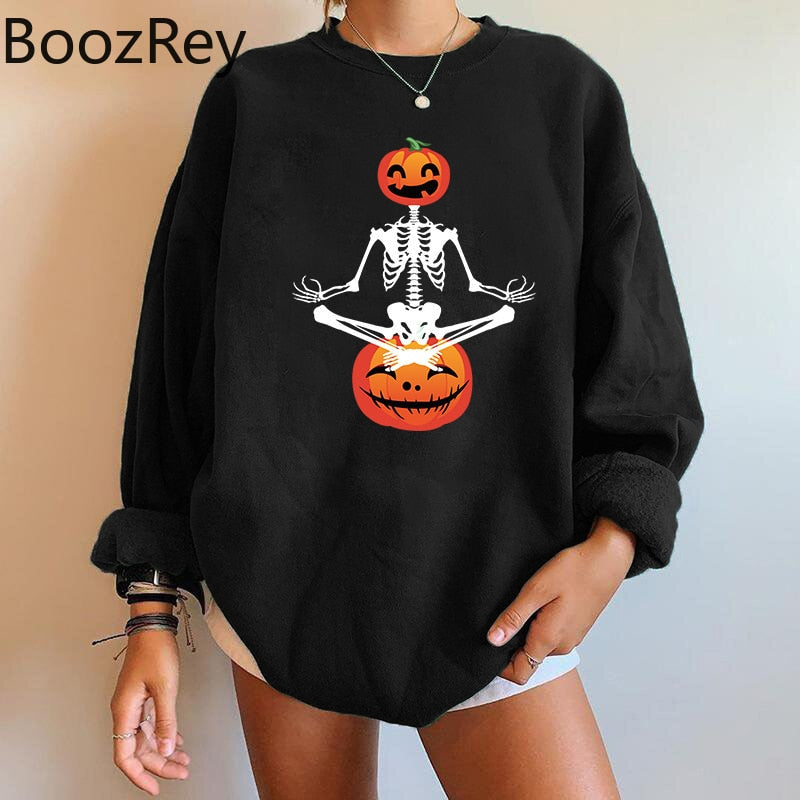 BoozRey Halloween Women Falling Shoulder Sweater Skeleton Pumpkin Head Ghost Face Sweater Long Sleeve Women Top Party Outfits