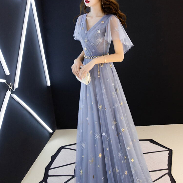 Duble V-neck Homecoming Dress Haze Blue Ruffles Sleeve Stars Sequins Tulle Long Prom Robe A-line Elegant Formal Party Dress