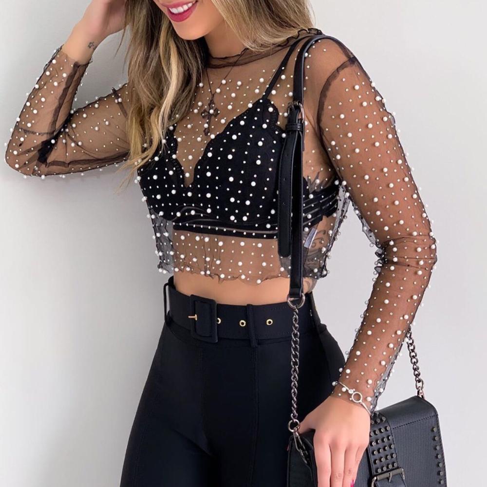 Sexy See Through T Shirt Women Mesh Patchwork Diamonds Pearl Slim T-Shirts Elegant Crop Tops Female 2023 Spring Clothes Black
