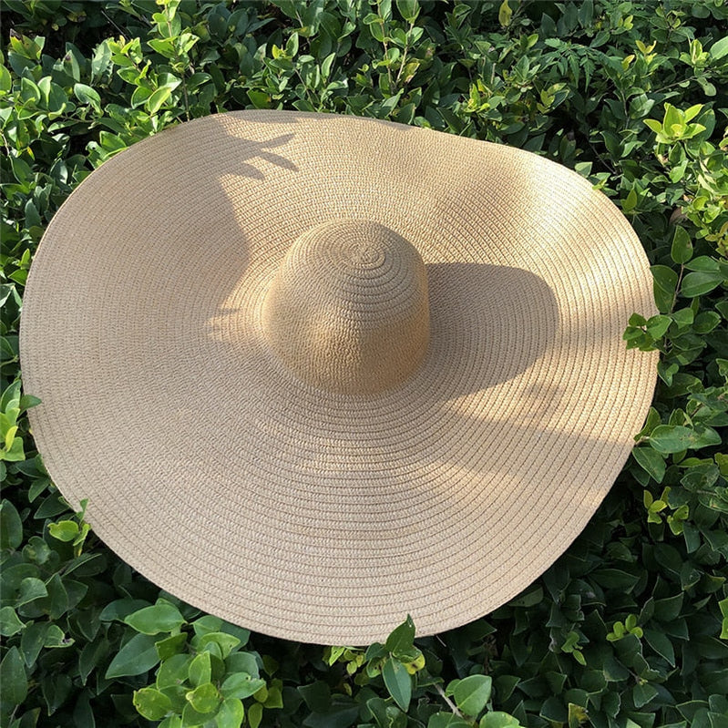 25CM Wide Brim Oversized Beach Hats For Women Large Straw Hat UV Protection Foldable Sun Shade Hat camel