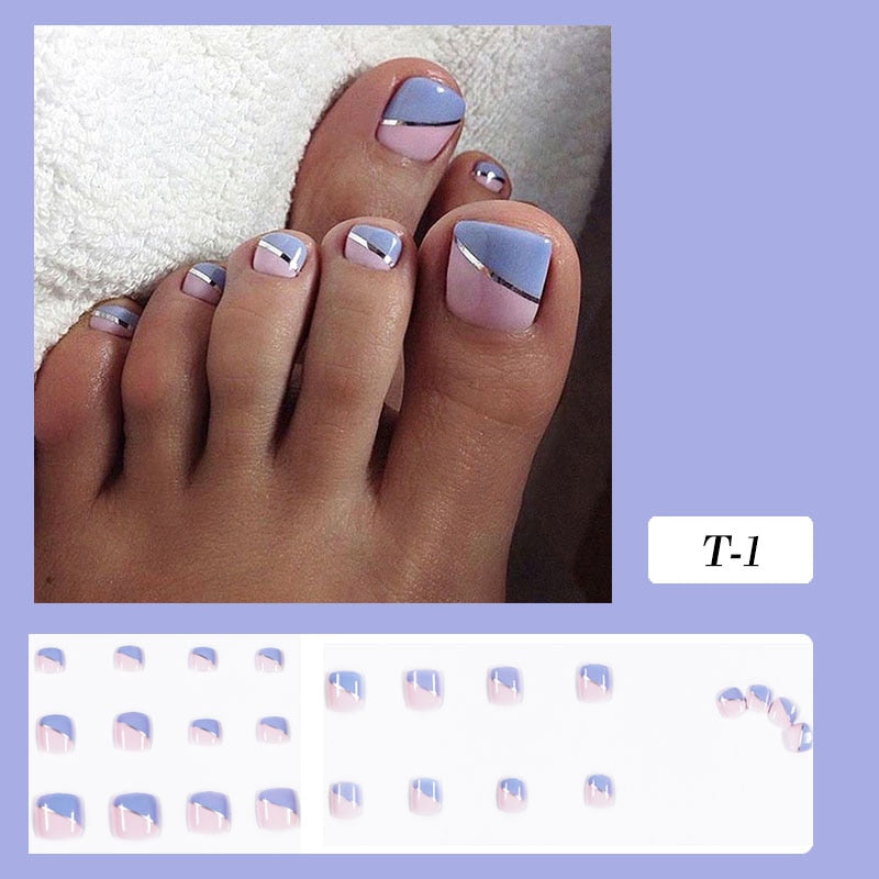 False Toe Nails Summer Simple Wearable Fake Toenails Set Press On Nail French Removable Nail Stickers With Glue For Girls 24pcs 1