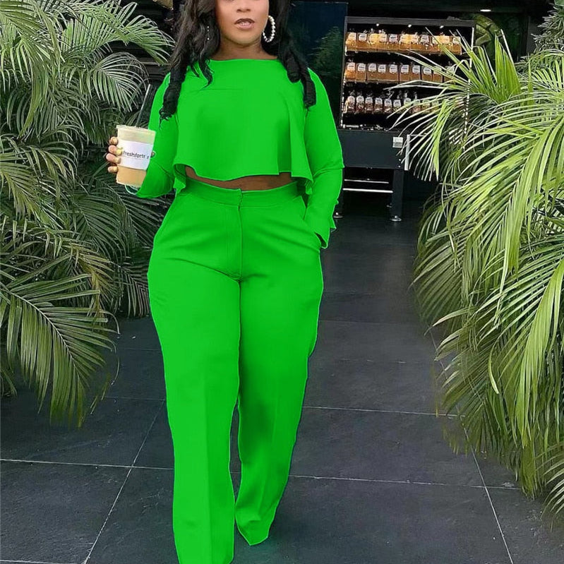 Elegant Work Wear Two Piece Set Fall Clothes for Women Ruffles Crop Top and Wide Leg Pants Suits Matching Sets Sexy Club Outfits Green