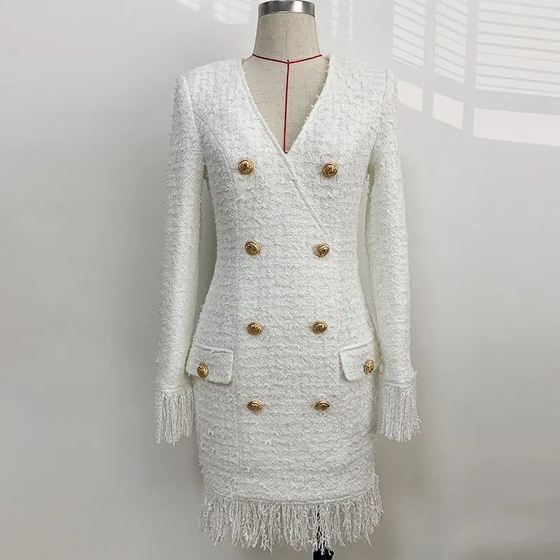 Fall Winter Newest Designer Dress Women's V-neck Long Sleeve Lion Buttons Tassel Fringed Tweed Dress