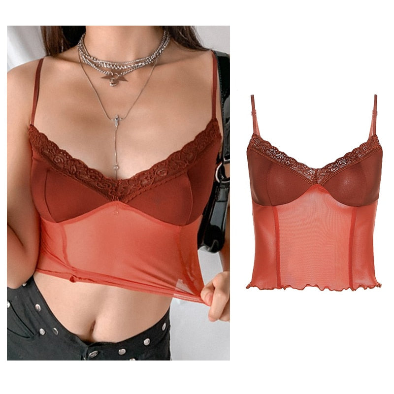 Vintage Brown Halter Camisole Hollow Out Cyber Y2k Crop Top Women Gothic Sexy Aesthetic Fairy Corset Tank Camis 90s Clothes nz7005-red