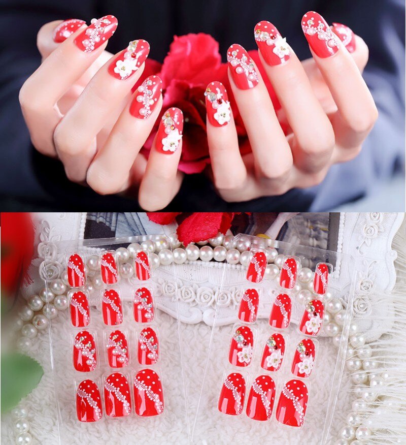 24Pcs/Set Fake Nails Press on Girls Finger Beauty False Nail Art Tips Bright Shining 3D Diamond Full Cover French Nail Art Tips AL73