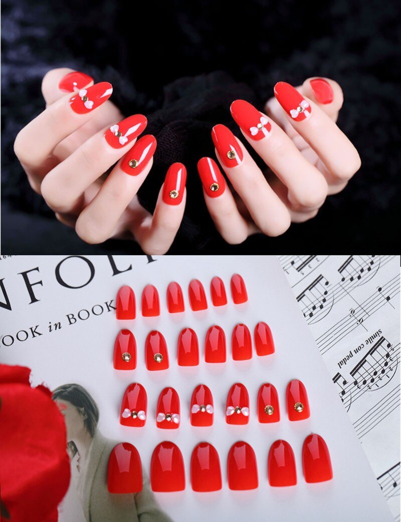 24Pcs/Set Fake Nails Press on Girls Finger Beauty False Nail Art Tips Bright Shining 3D Diamond Full Cover French Nail Art Tips AL84