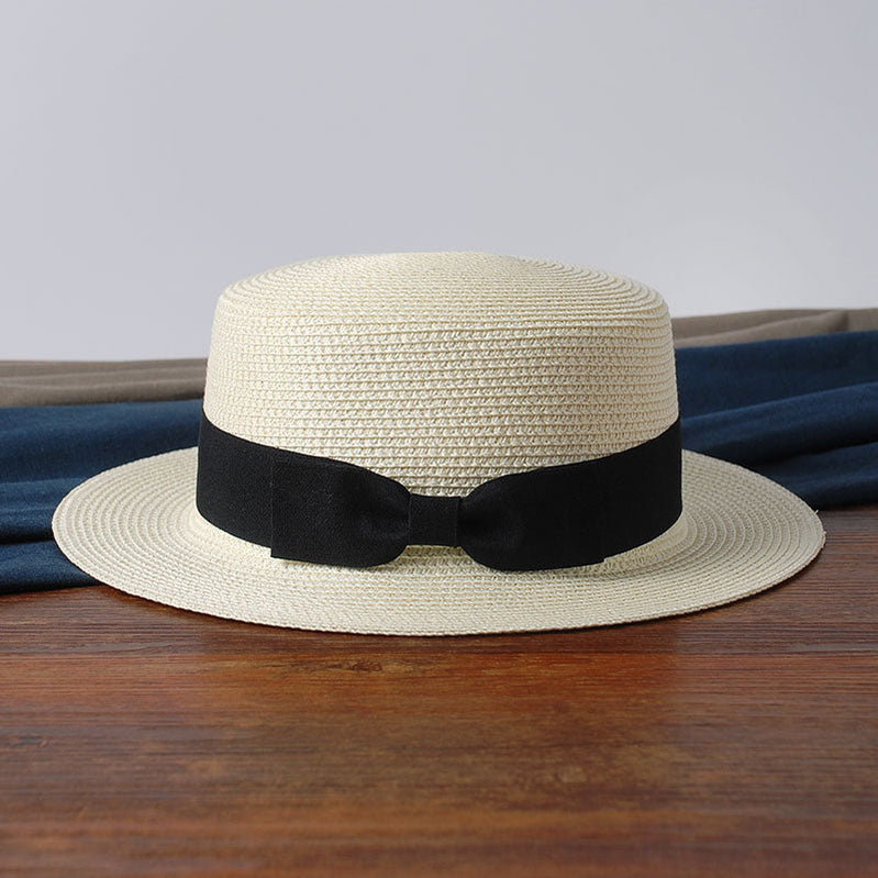 simple Summer Parent-child Beach Hat Female Casual Panama Hat Lady Brand Women Flat brim Bowknot Straw cap girls Sun Hat