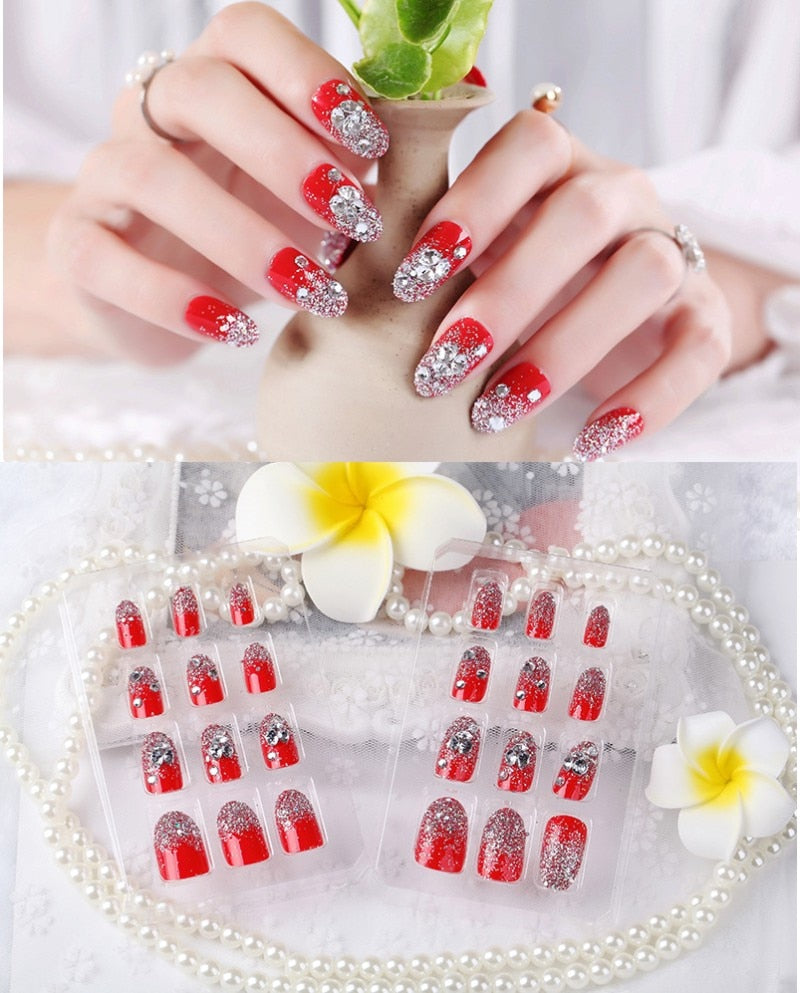 24Pcs/Set Fake Nails Press on Girls Finger Beauty False Nail Art Tips Bright Shining 3D Diamond Full Cover French Nail Art Tips AL40