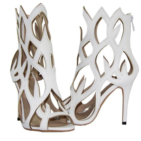 Hollow Cover Heel Zipper Women Sandals Newest Roman Shoes Irregular High Heels Gladiator Sexy Peep Toe Summer Shoes on Heel white