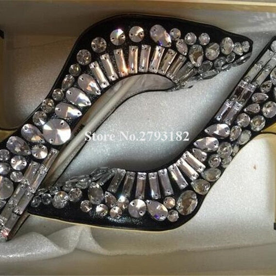 Women Luxurious Pointed Toe Bling Bling Rhinestone Stiletto Heel Pumps Black White Crystal High Heels Wedding Dress Shoes