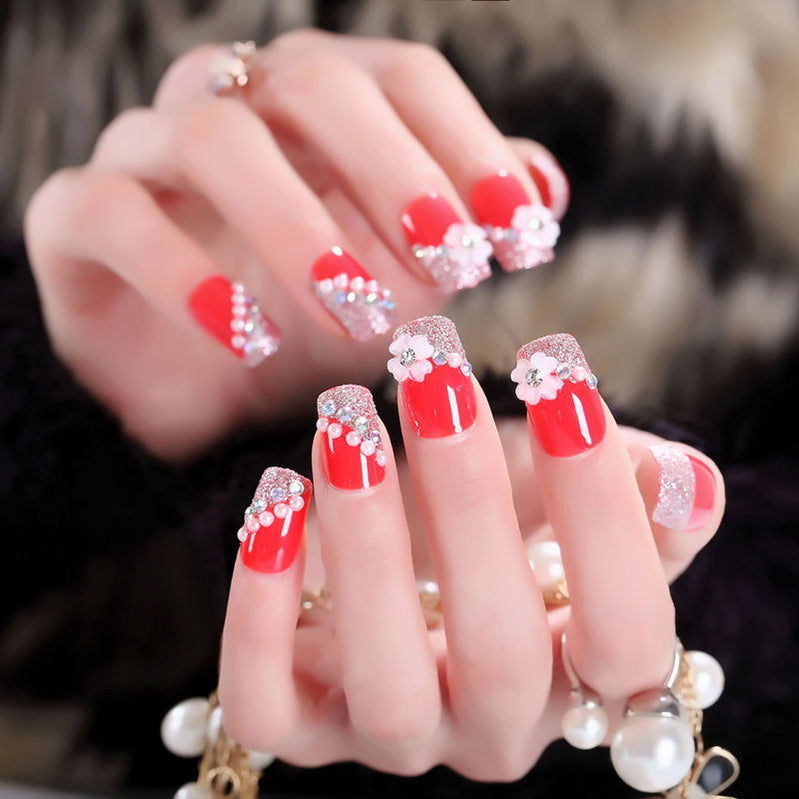 24Pcs/Set Fake Nails Press on Girls Finger Beauty False Nail Art Tips Bright Shining 3D Diamond Full Cover French Nail Art Tips
