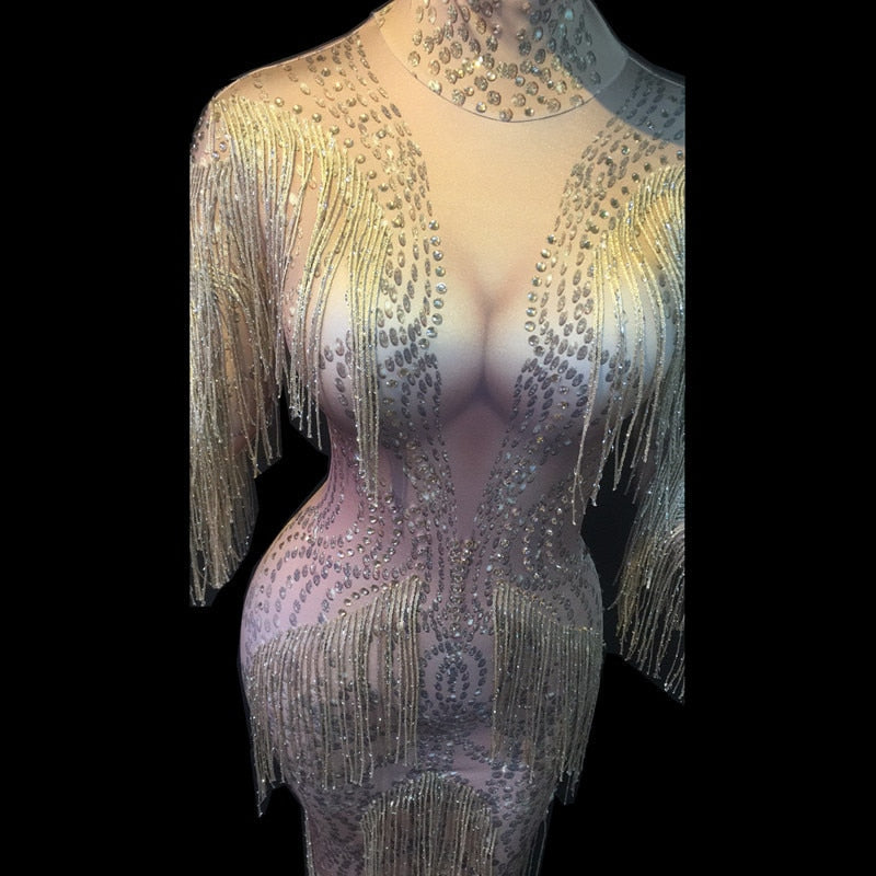 Sexy Singer Host Stage Wear Celebration Performance Costume Nightclub Fringes Dress Crystals Tassels Sleeve Stretch Long Dress