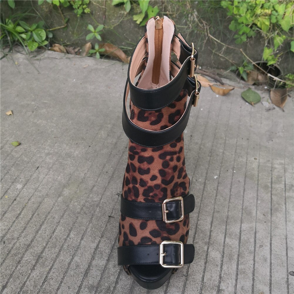 Luxury Brand Design Big Size 34-47 leopard Customized Women Shoes Woman Sexy Punk High Heels Shoes Women summer Boots sandals