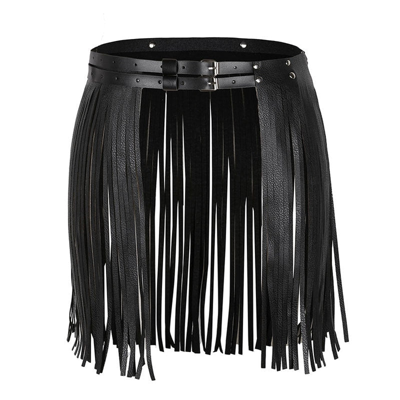 Womens Adult Adjustable Faux Leather Waistband Fringe Tassel Skirt Belt Nightclub Costume Cosplay Parties Skirts for Halloween Type D