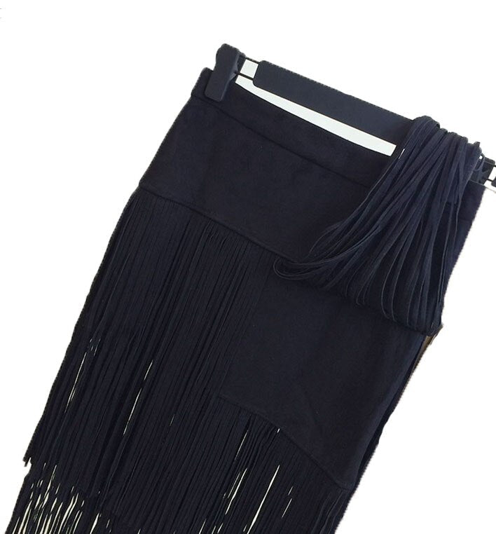 Fashion Vintage Skirts New Heavy Hierarchical High Waist Straight Leather Skirt Fringed Suede Tassel Saias Skirts Womens Black Women Skirts