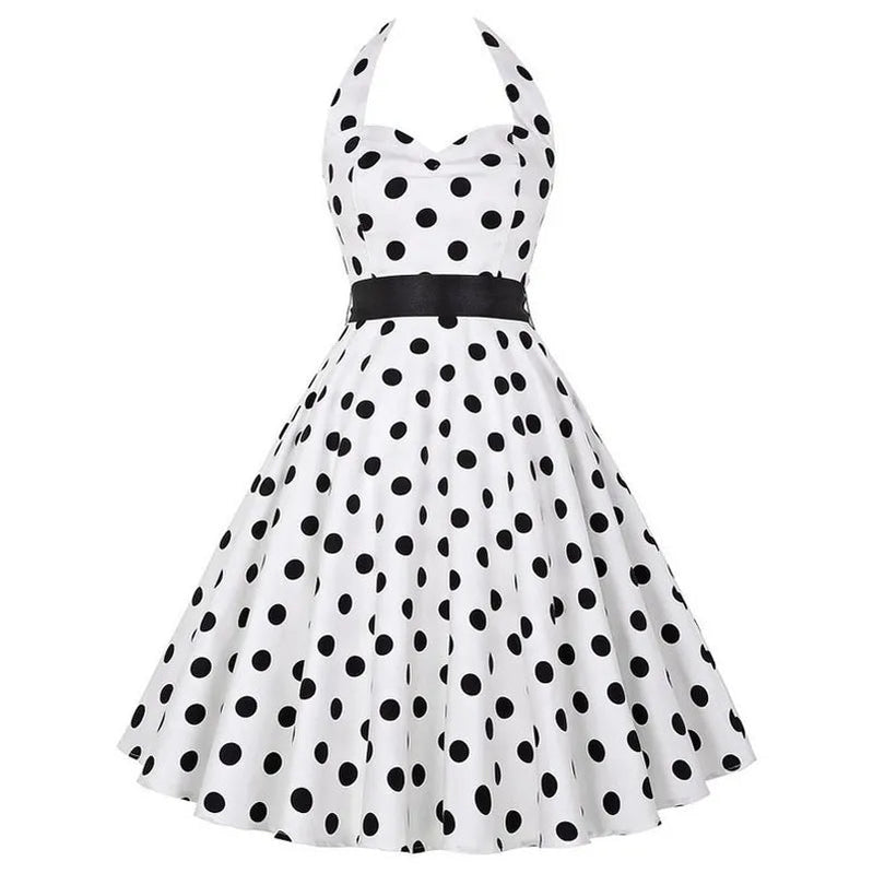 Polka Dot Dress Women Vintage Swing Halter Belt 50s 60s Rockabilly Prom Party Dresses Retro Feminino Vestidos 565