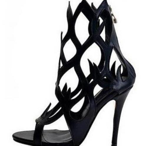 Hollow Cover Heel Zipper Women Sandals Newest Roman Shoes Irregular High Heels Gladiator Sexy Peep Toe Summer Shoes on Heel black