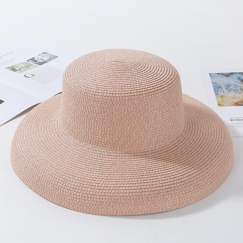 HT2303 New Summer Sun Hats Ladies Solid Plain Elegant Wide Brim Hat Female Round Top Panama Floppy Straw Beach Hat Women