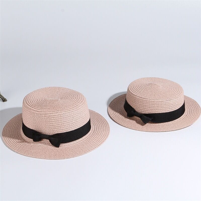 simple Summer Parent-child Beach Hat Female Casual Panama Hat Lady Brand Women Flat brim Bowknot Straw cap girls Sun Hat pink