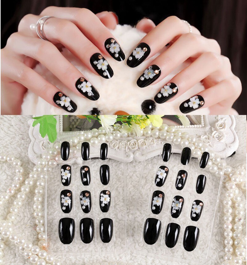 24Pcs/Set Fake Nails Press on Girls Finger Beauty False Nail Art Tips Bright Shining 3D Diamond Full Cover French Nail Art Tips AL129