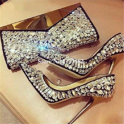 Women Luxurious Pointed Toe Bling Bling Rhinestone Stiletto Heel Pumps Black White Crystal High Heels Wedding Dress Shoes