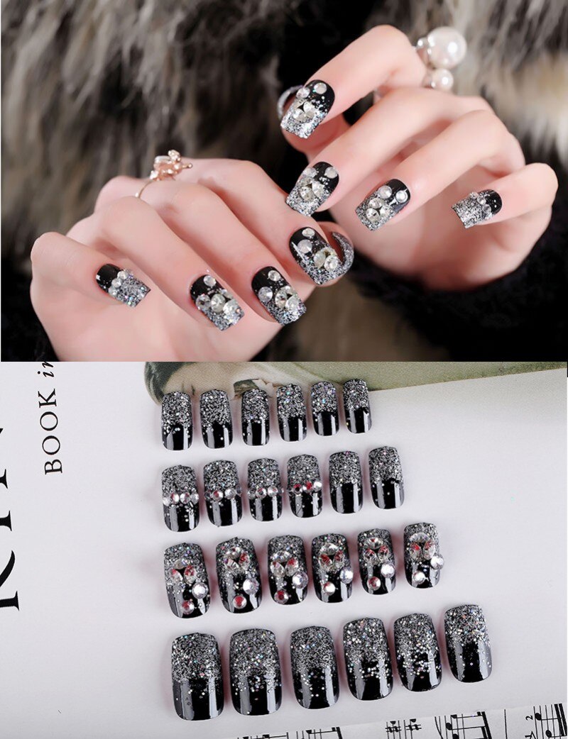24Pcs/Set Fake Nails Press on Girls Finger Beauty False Nail Art Tips Bright Shining 3D Diamond Full Cover French Nail Art Tips AL42
