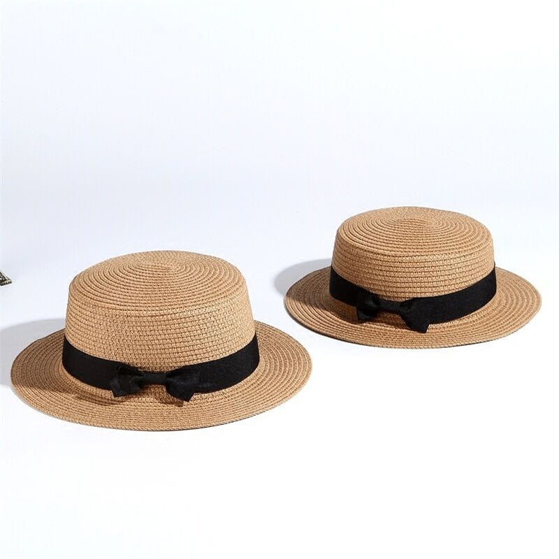 simple Summer Parent-child Beach Hat Female Casual Panama Hat Lady Brand Women Flat brim Bowknot Straw cap girls Sun Hat Khaki
