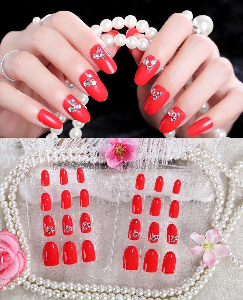 24Pcs/Set Fake Nails Press on Girls Finger Beauty False Nail Art Tips Bright Shining 3D Diamond Full Cover French Nail Art Tips AL86