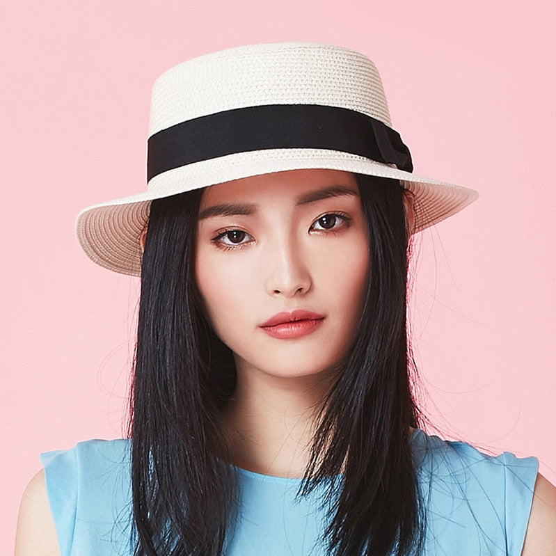 simple Summer Parent-child Beach Hat Female Casual Panama Hat Lady Brand Women Flat brim Bowknot Straw cap girls Sun Hat