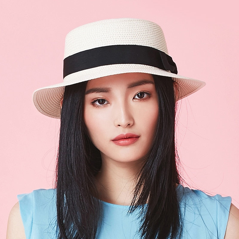 simple Summer Parent-child Beach Hat Female Casual Panama Hat Lady Brand Women Flat brim Bowknot Straw cap girls Sun Hat