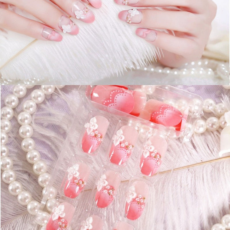 24Pcs/Set Fake Nails Press on Girls Finger Beauty False Nail Art Tips Bright Shining 3D Diamond Full Cover French Nail Art Tips AL104