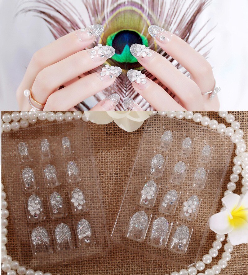 24Pcs/Set Fake Nails Press on Girls Finger Beauty False Nail Art Tips Bright Shining 3D Diamond Full Cover French Nail Art Tips AL08