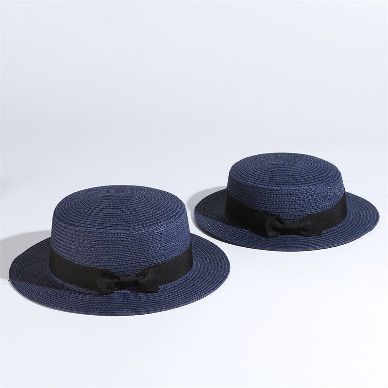 simple Summer Parent-child Beach Hat Female Casual Panama Hat Lady Brand Women Flat brim Bowknot Straw cap girls Sun Hat Navy Blue