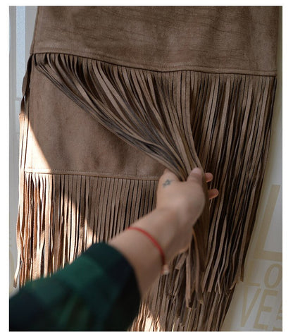 Fashion Vintage Skirts New Heavy Hierarchical High Waist Straight Leather Skirt Fringed Suede Tassel Saias Skirts Womens