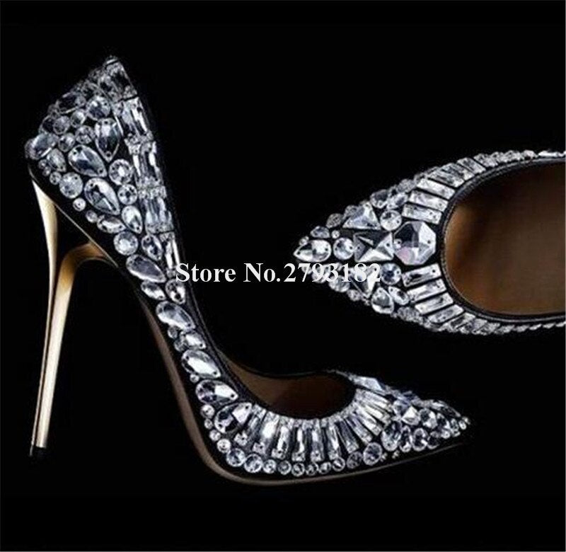 Women Luxurious Pointed Toe Bling Bling Rhinestone Stiletto Heel Pumps Black White Crystal High Heels Wedding Dress Shoes