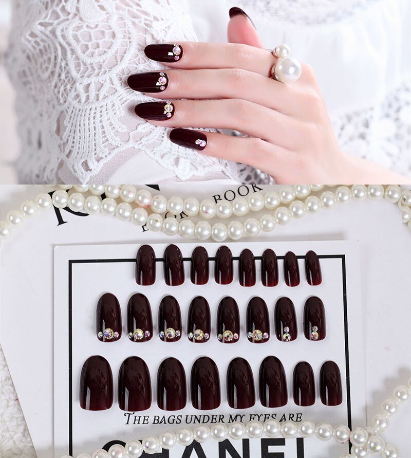 24Pcs/Set Fake Nails Press on Girls Finger Beauty False Nail Art Tips Bright Shining 3D Diamond Full Cover French Nail Art Tips AL52