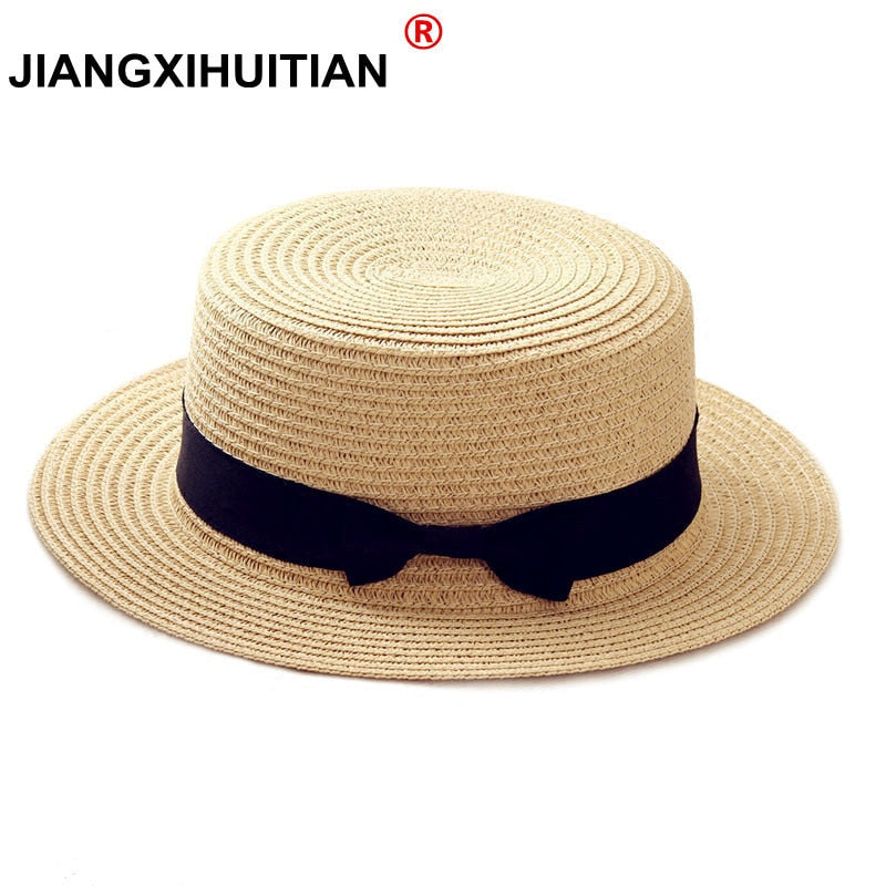 simple Summer Parent-child Beach Hat Female Casual Panama Hat Lady Brand Women Flat brim Bowknot Straw cap girls Sun Hat