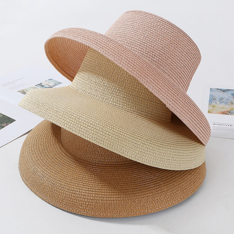 HT2303 New Summer Sun Hats Ladies Solid Plain Elegant Wide Brim Hat Female Round Top Panama Floppy Straw Beach Hat Women