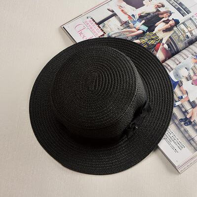 simple Summer Parent-child Beach Hat Female Casual Panama Hat Lady Brand Women Flat brim Bowknot Straw cap girls Sun Hat black