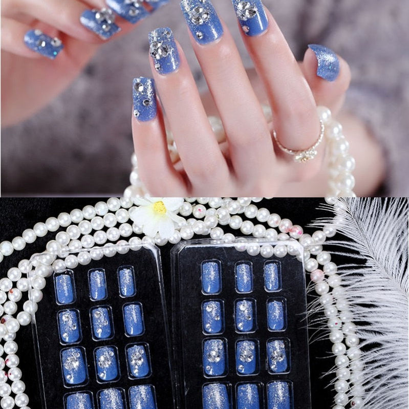 24Pcs/Set Fake Nails Press on Girls Finger Beauty False Nail Art Tips Bright Shining 3D Diamond Full Cover French Nail Art Tips AL50