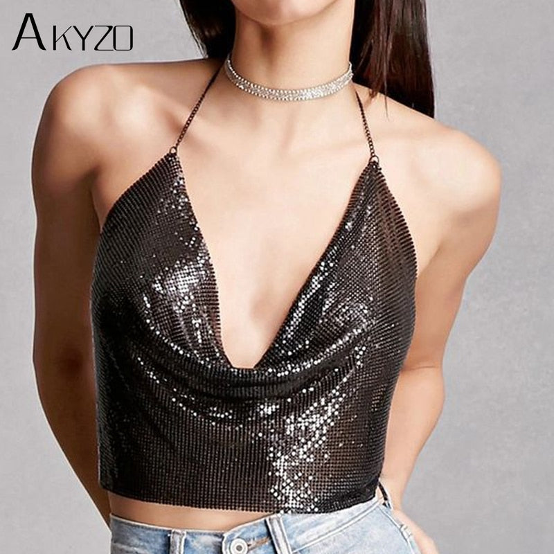 Women Sexy Metal Sequined Tank Camis Summer Gold Silver Backless Cropped Glitter Beach Club Show Wear Tank Tops