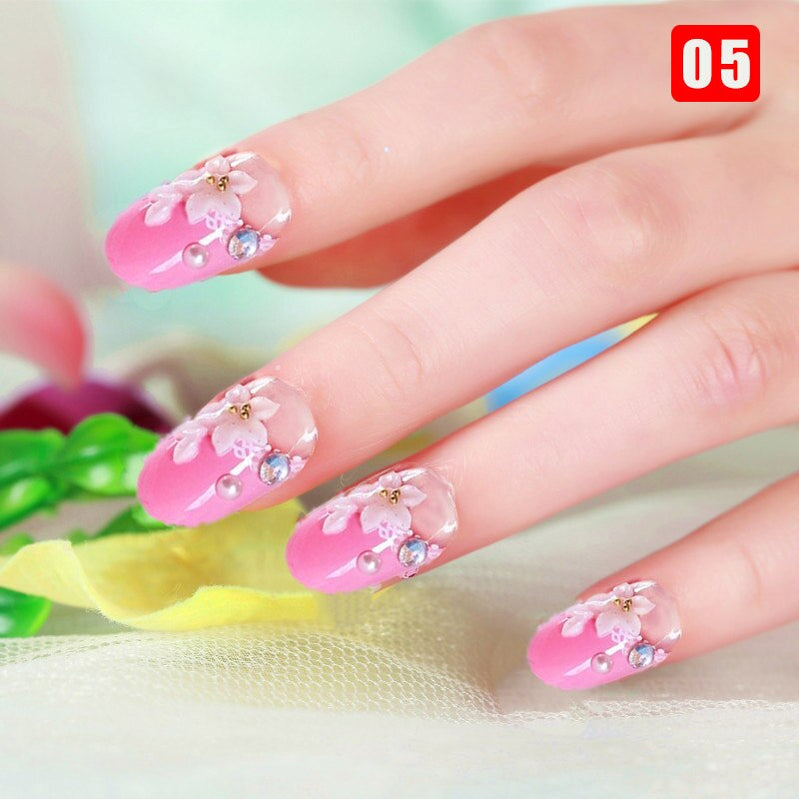24pcs False Nails Floral Beads Decorated Artificial Nail Tips Bride Reusable Fingernails Fake Nail Press On Nail накладные ногти 5