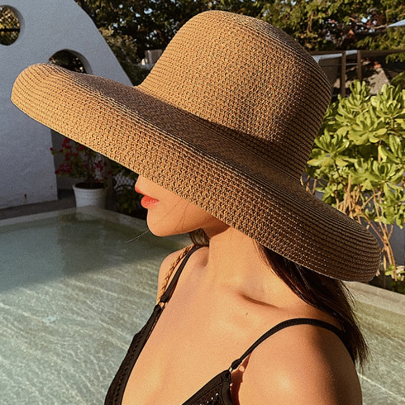 HT2303 New Summer Sun Hats Ladies Solid Plain Elegant Wide Brim Hat Female Round Top Panama Floppy Straw Beach Hat Women