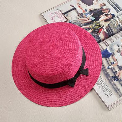 simple Summer Parent-child Beach Hat Female Casual Panama Hat Lady Brand Women Flat brim Bowknot Straw cap girls Sun Hat Rose