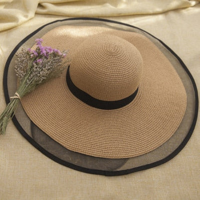 HT2504 Sun Hat Summer anti-UV Lady Wide Brim Hat Women Solid Plain Floppy Summer Straw Hats for Women Female Mesh Brim Beach Hat Khaki 56-58cm