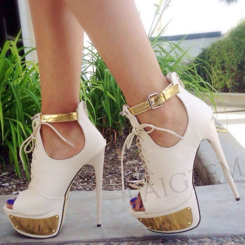 LAIGZEM Platform Sandals Stiletto Heels Back ZIP Sandals Heel Lace Up Party Summer Sandalia Shoes Ladies Woman Large Size 34-52