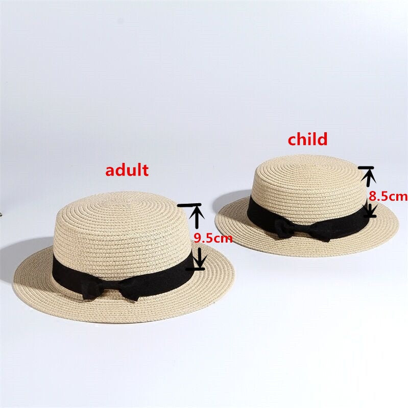 simple Summer Parent-child Beach Hat Female Casual Panama Hat Lady Brand Women Flat brim Bowknot Straw cap girls Sun Hat beige