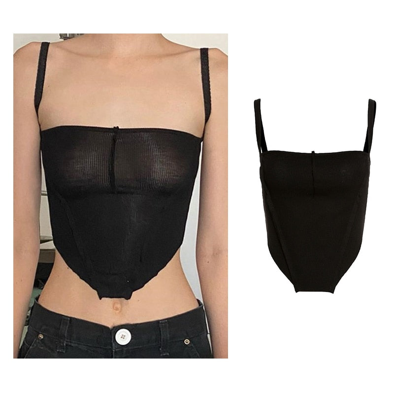 Vintage Brown Halter Camisole Hollow Out Cyber Y2k Crop Top Women Gothic Sexy Aesthetic Fairy Corset Tank Camis 90s Clothes nz7011-black