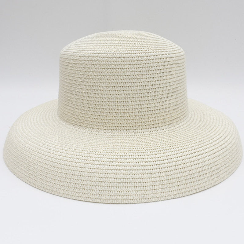 HT2303 New Summer Sun Hats Ladies Solid Plain Elegant Wide Brim Hat Female Round Top Panama Floppy Straw Beach Hat Women Ivory
