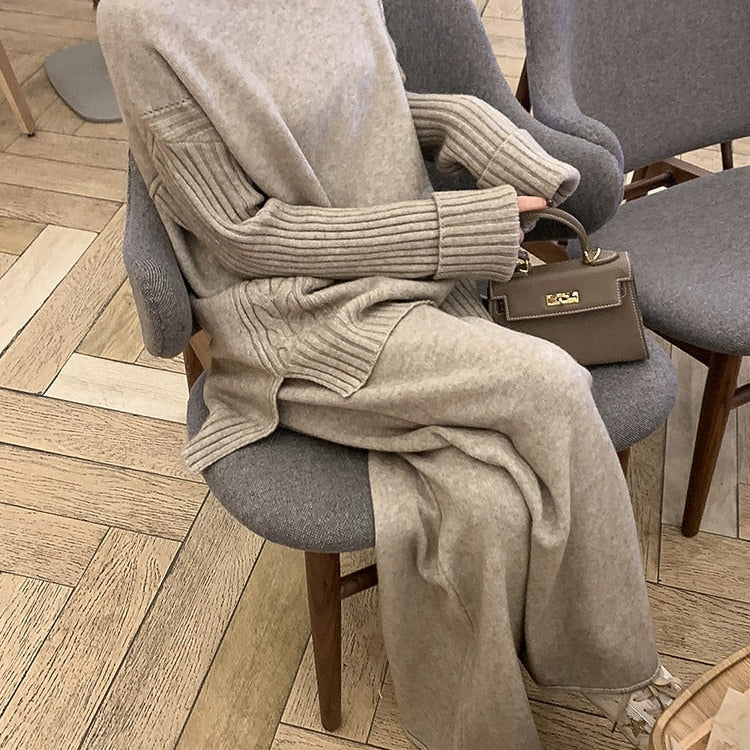 Sweater Set Women Tracksuit Spring Autumn Knitted Suits 2 Piece Set Warm Turtleneck Sweater Pullovers Wide Legs Pants Oatmeal color